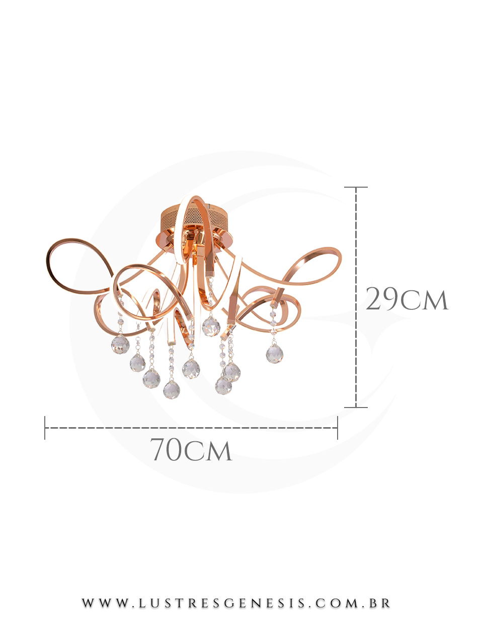 Plafon moderno de LED Rose Duster com detalhes dourados e cristais pendentes, medindo 70 cm de largura por 29 cm de altura, ideal para quartos, sala de estar, hall de entrada, escritórios e lavabos.